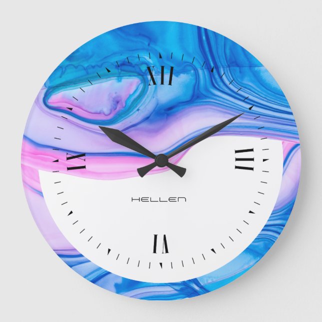 Blue & purple flowing geode ink design large clock (Front)