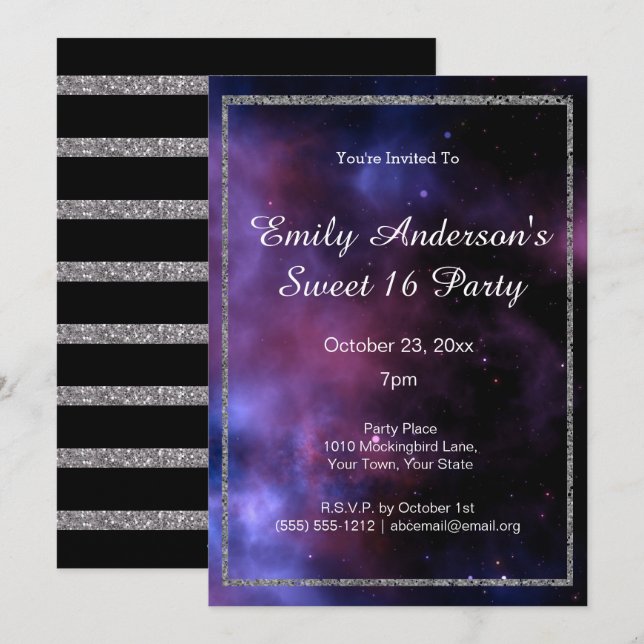 Blue Purple Galaxy Silver Sweet 16 Birthday Invitation (Front/Back)