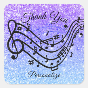 Blue Purple Glitter Music Thank You Personalized Square Sticker