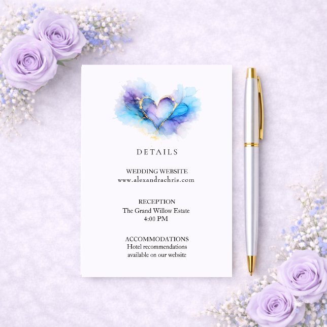 Blue Purple Gold Abstract Heart Wedding Details Enclosure Card (Creator Uploaded)