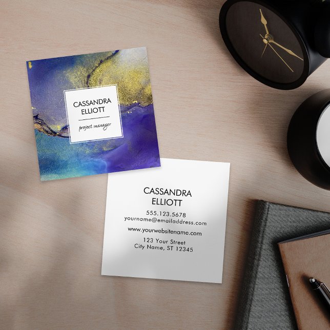 Blue Purple & Gold Alcohol Ink Liquid Art Square Business Card (Creator Uploaded)