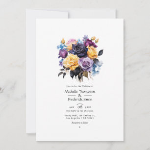 Blue, Purple, Gold, and Black Floral Wedding Invitation