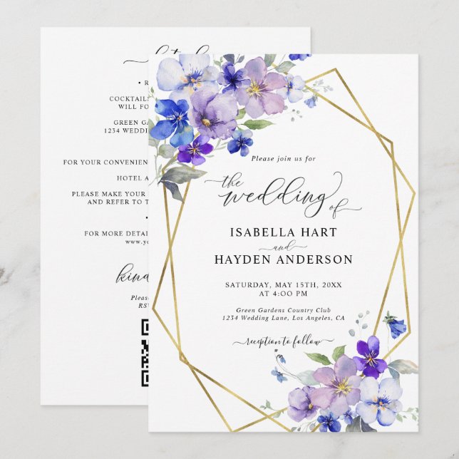 Blue Purple Gold Floral All In 1 QR Code Wedding Invitation (Front/Back)