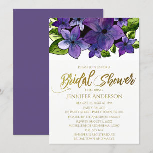Blue Purple Gold Floral Bouquet Bridal Shower Invitation
