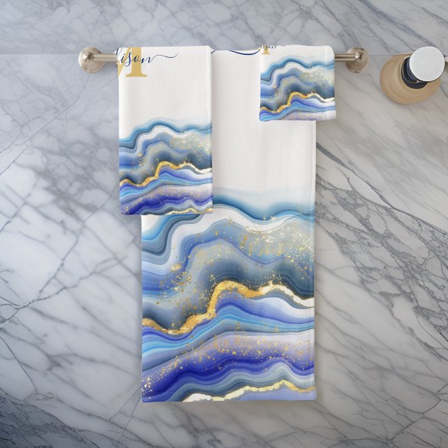Blue Purple Gold Marble Personalized  Bath Towel Set (Creator Uploaded)