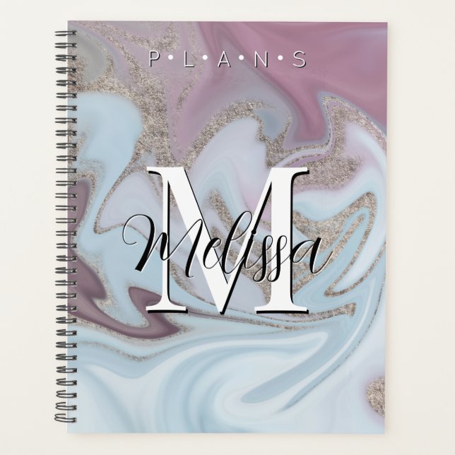 Blue Purple Gold Modern Monogram Abstract Planner (Front)