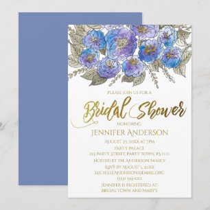 Blue Purple Gold Rose Floral Bouquet Bridal Shower Invitation