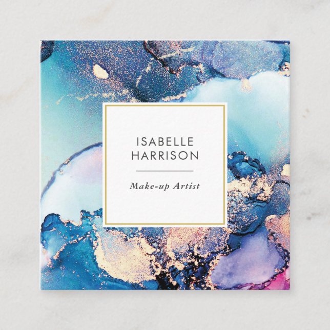 Blue purple gold watercolor ink business card (Front)