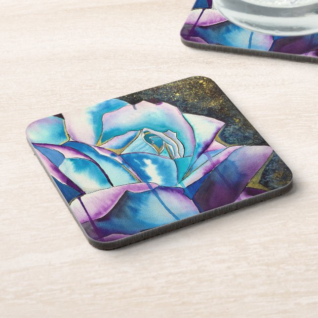 Blue purple gothic watercolor rose art coaster (Left Side)