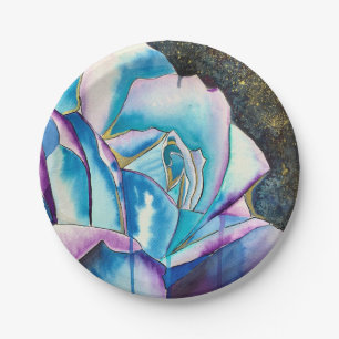 Blue purple gothic watercolor rose art paper plate