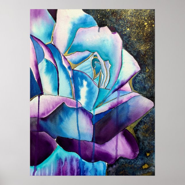 Blue purple gothic watercolor rose art poster (Front)