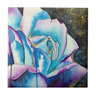 Blue purple gothic watercolor rose art tile