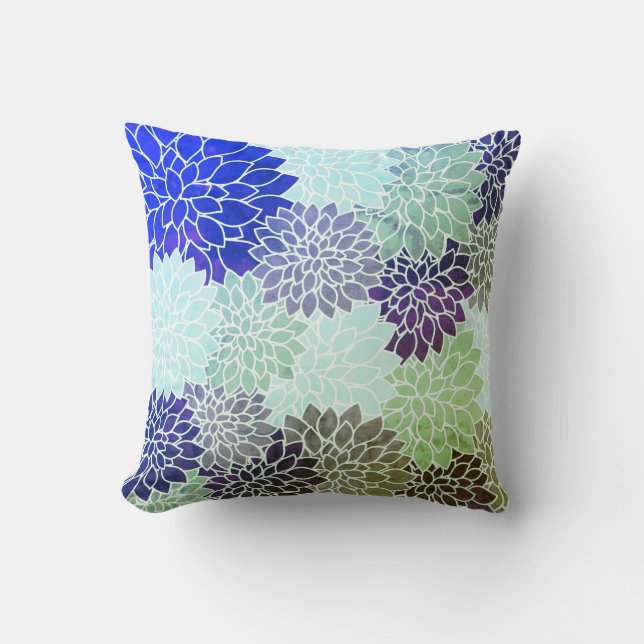 Blue Purple Green Dahlia Flowers Floral Pattern Throw Pillow (Front)