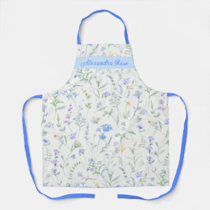 Blue Purple Green Watercolor Wildflowers Name Apron