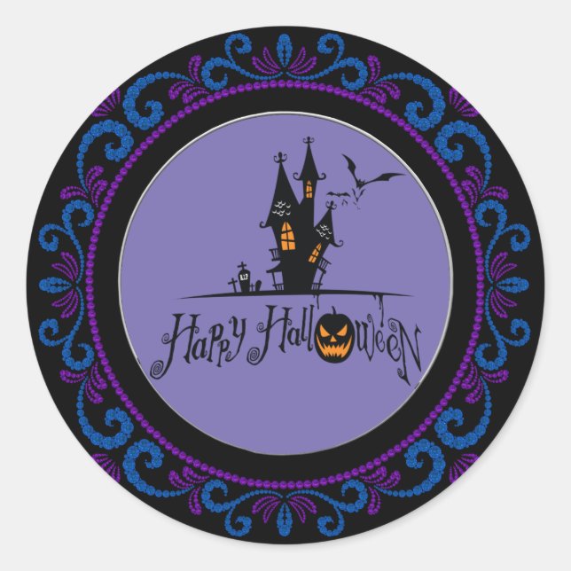 Blue Purple Happy Halloween Haunted House Classic Round Sticker (Front)