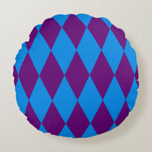 Blue Purple Harlequin Checkered Design Round Pillow