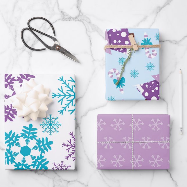 BLUE PURPLE HOLIDAY SNOWFLAKES TREES WRAPPING PAPER SHEET (Front)