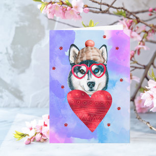 Blue Purple Husky Valentine's Day Gift Dog Card
