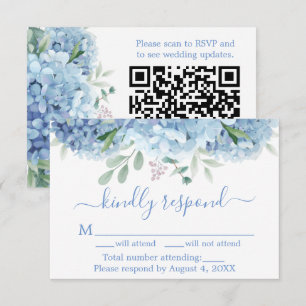 Blue Purple Hydrangeas Floral Wedding RSVP QR Code Thank You Card