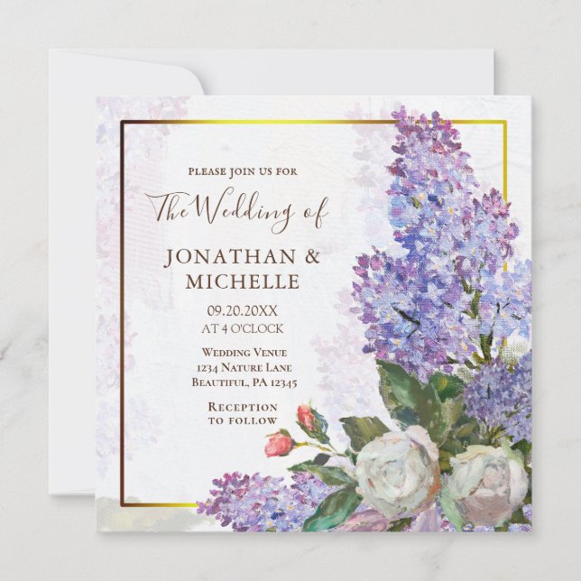 Blue Purple Lilacs Gold Frame Christian Wedding Invitation (Front)