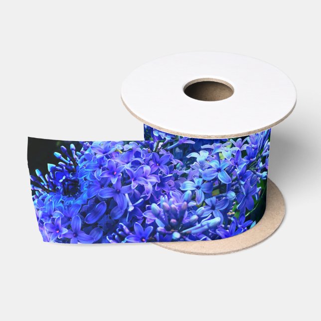 Blue purple lilacs romantic blue floral photo satin ribbon (Spool)