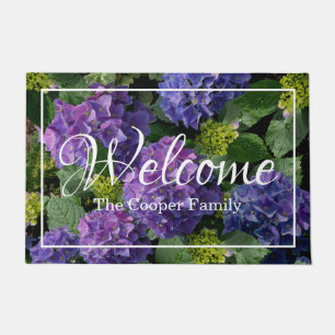Blue purple magenta Hydrangeas welcome  Doormat