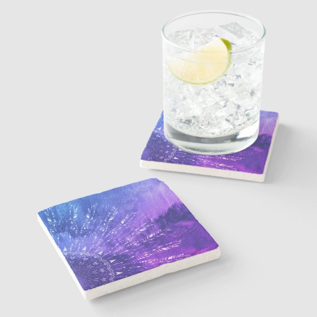 Blue Purple Mandala Clouds Boho Bohemian Stone Coaster (Side)