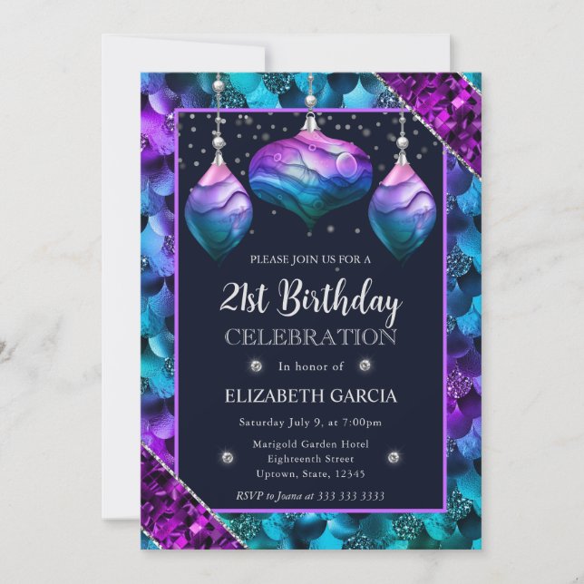 Blue & Purple Mermaid Ornaments 21st Birthday Invitation (Front)