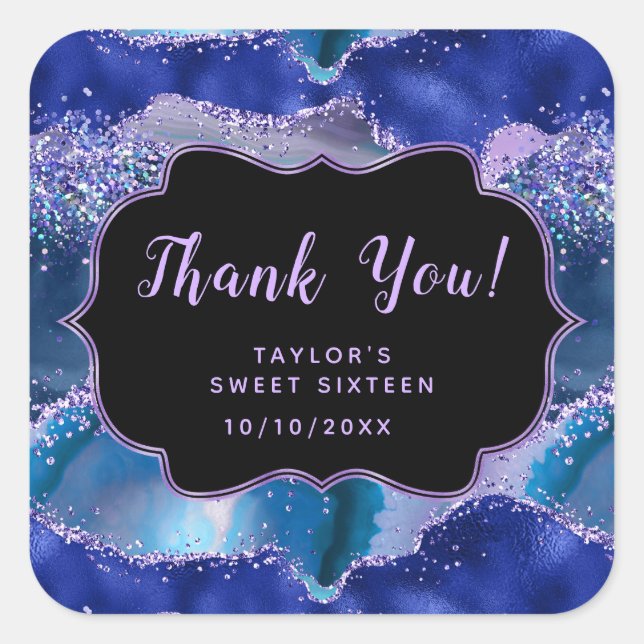 Blue Purple Ocean Agate Sweet Sixteen Thank You Square Sticker (Front)