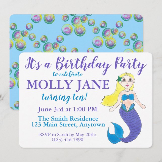 Blue Purple Ocean Mermaid Bubbles Birthday Party Invitation (Front/Back)