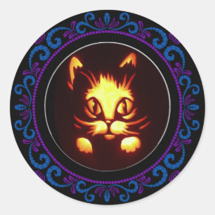 Blue Purple Orange Glowing Halloween Cat Classic Round Sticker