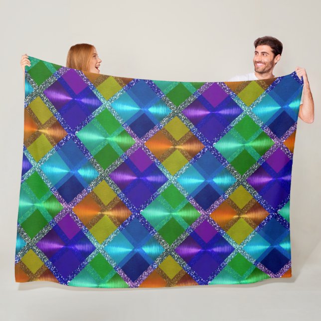 Blue Purple Orange Green Glitter Plaid Design Fleece Blanket (In Situ)