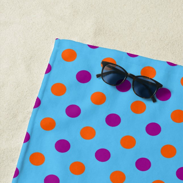 Blue Purple Orange Polka Dot Pattern Beach Towel (In Situ)
