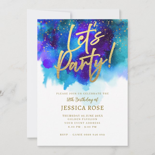 Blue Purple Party Invite with Gold Accent (Front)