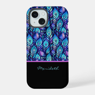 Blue Purple Peacock Feathers on Black Monogram iPhone 15 Case