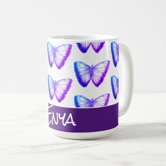 Blue purple personalized cute butterflies coffee mug (Front Right)