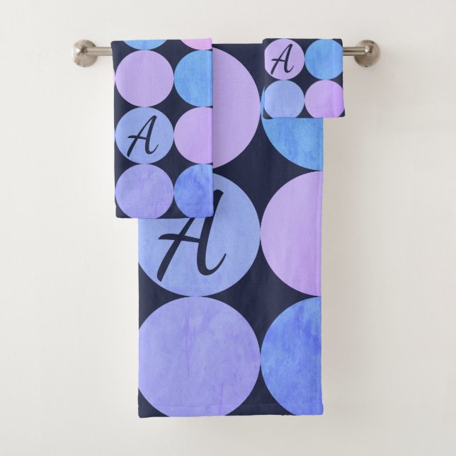 Blue Purple & Pink Circles Monogram Bath Towel Set (Insitu)