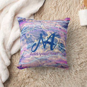 blue purple pink glitter marble add your text lett throw pillow