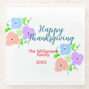 Blue purple pink happy thanksgiving add family n glass coaster