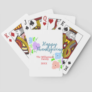 Blue purple pink happy thanksgiving add family n playing cards