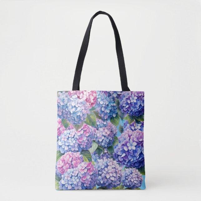 Blue Purple Pink Hydrangea Pattern Tote Bag (Front)