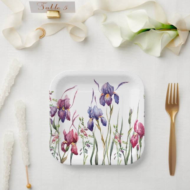Blue Purple Pink Iris Flowers Watercolor Garden  Paper Plate (Wedding)