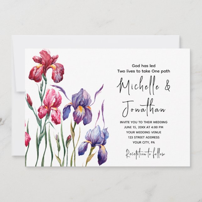 Blue Purple Pink Iris Garden Christian Wedding Invitation (Front)