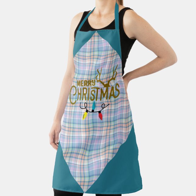 Blue Purple Pink Plaid Merry Christmas Lights Apron (Insitu)