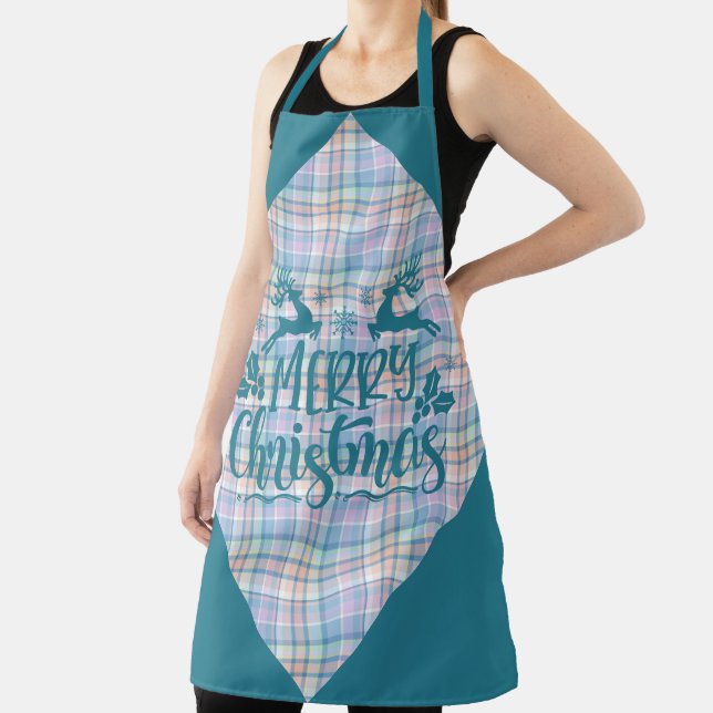 Blue Purple Pink Plaid Merry Christmas Reindeer Apron (Insitu)