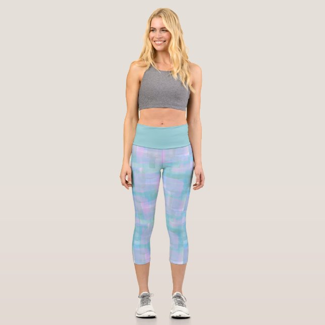 Blue Purple Pink Watercolor Modern Capri Leggings (Front)