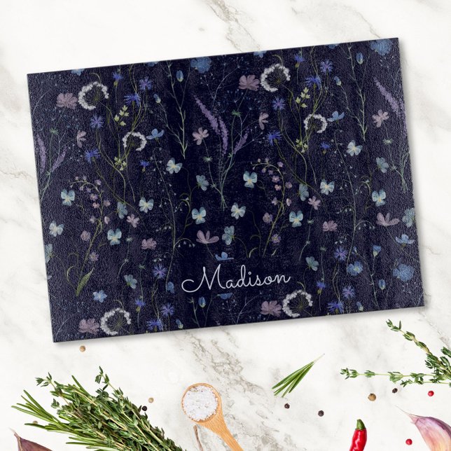 Blue Purple Pretty Wildflower Floral Pattern Cutting Board (In situ)
