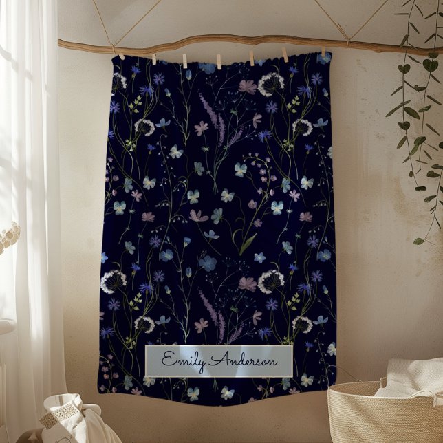 Blue Purple Pretty Wildflower Floral Pattern Fleece Blanket (In situ)