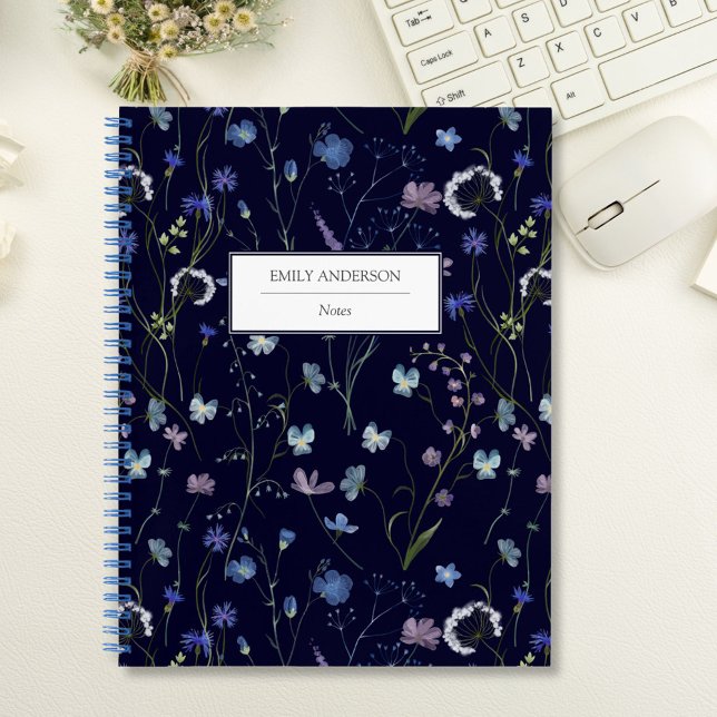 Blue Purple Pretty Wildflower Floral Pattern Notebook (In situ)