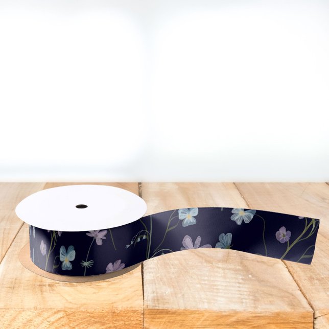 Blue Purple Pretty Wildflower Floral Pattern Satin Ribbon (Close up)